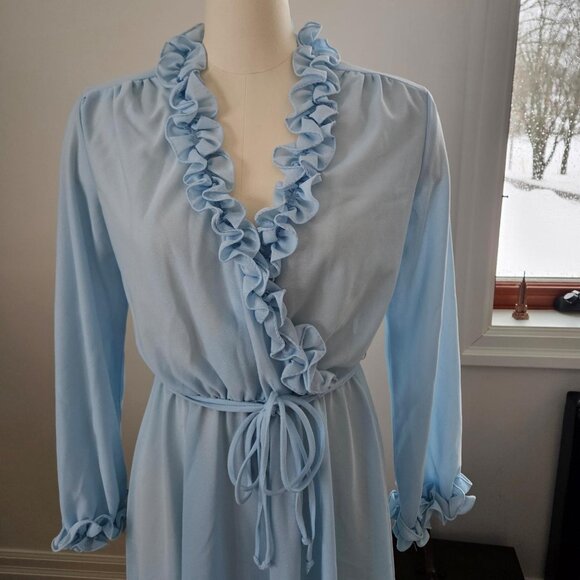 Vintage 1970s Sheer Blue Ruffle Dress | Faux Wrap & Stretch Waist - Picture 2 of 3